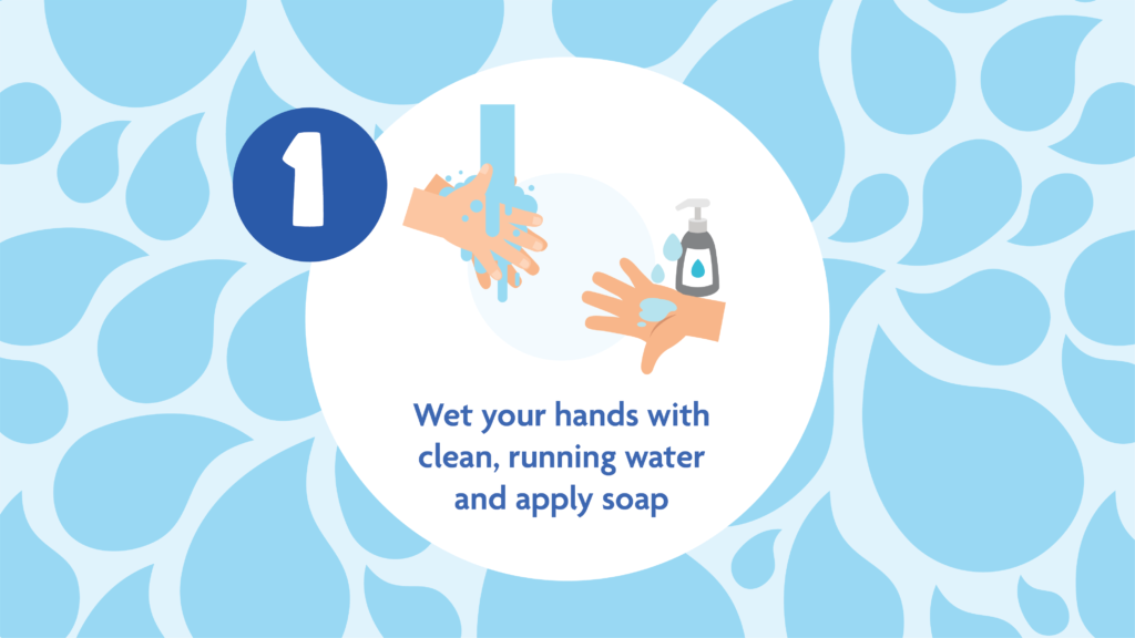 Hand washing tip 1: Wet hands with clean, running water and apply soap