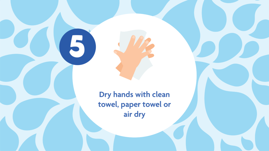 Hand washing Tips 5: dry hands with clean towel, paper towel or air dry